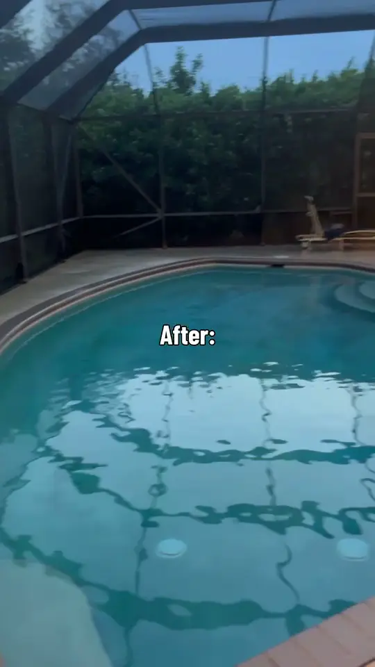 A freshly cleaned pool deck inside a screened pool enclosure